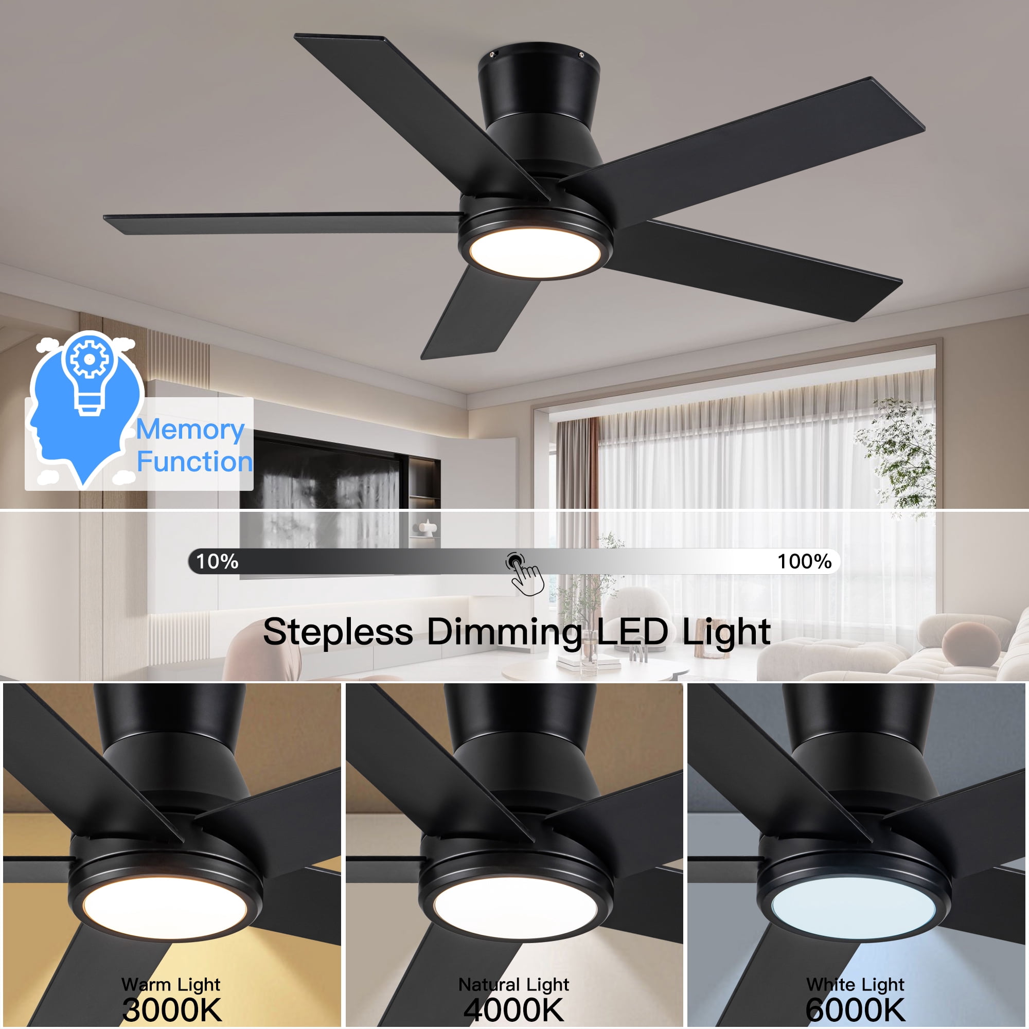 Leumius 52" Black Lowe Profile Ceiling Fan with Dimmable 3CCT LED Light,Modern Ceiling Fan for Living Room Bedroom