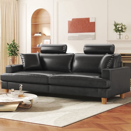 87" Sofa Premium PU Leather Couch with Headrest, Comfy 27" Extra Deep Seat 3 Seater Sofa for Living Room, Includes 2 Pillows, Black