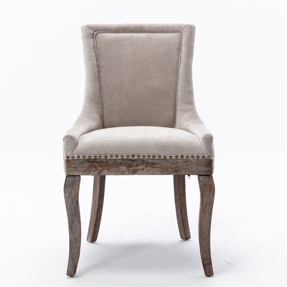 Gearwell Dining Side Chairs, Set of 2 Gray Fabric Upholstered Kitchen Chairs with Neutral-Tone Solid Wood Legs and Bronze Nailhead Trim for Dining Room Seating