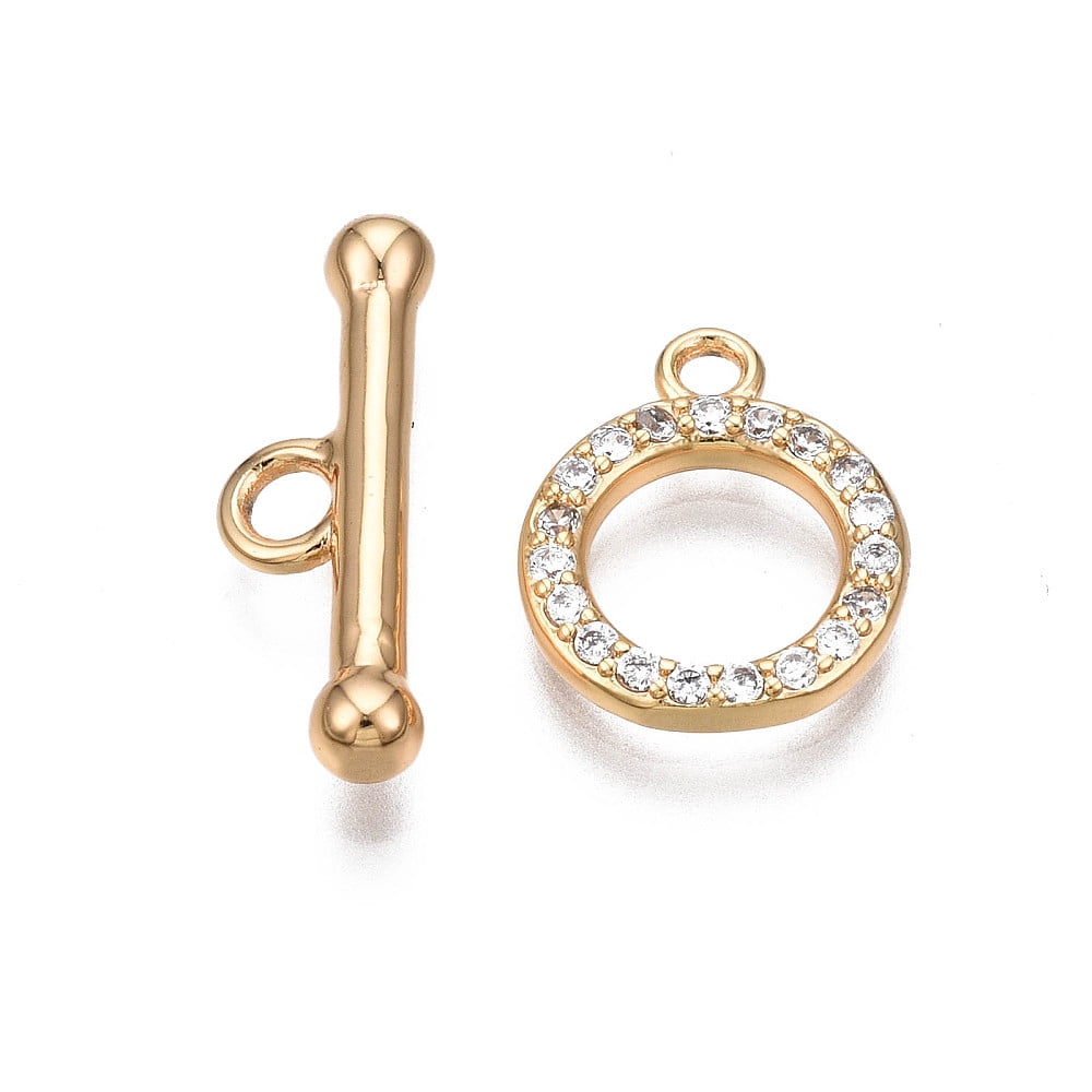 Brass Micro Pave Clear Cubic Zirconia Toggle Clasps Nickel Free Ring Real 18K Gold Plated Ring: 12.5x10.5x2mm Bar: 17x6x3mm Jump Ring: 5x1mm