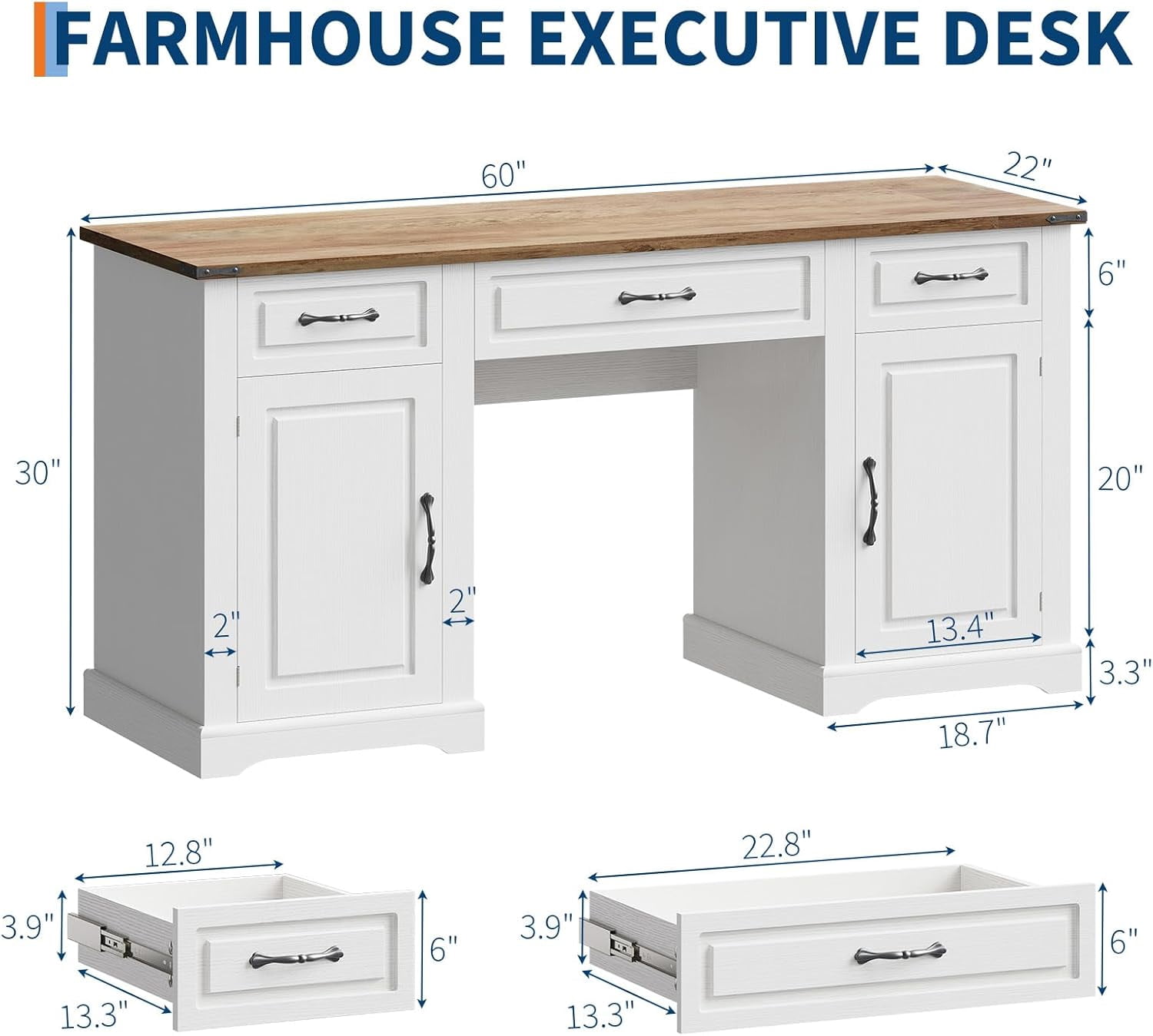 60" Farmhouse Executive Desk Computer Desks with Drawers and Cabinet Wood Workstation Computer Desks for Study and Home Office