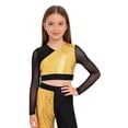 thumbnail image 2 of Eandarui Kids Girls Sequin Hip Hop Jazz Dance Crop Top Mesh Long Sleeve Cutout Back Color Block Sparkly Shirt Gold 12, 2 of 7