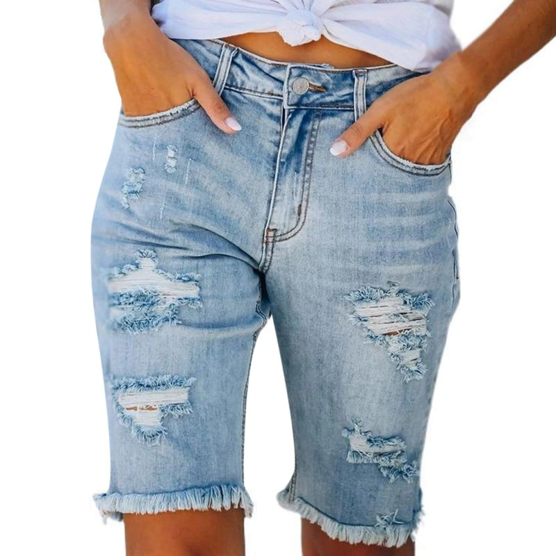 Women's Summer Mid Waist Ripped Raw Cut 