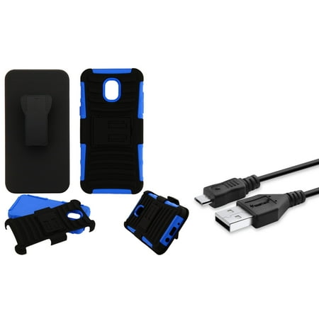 1015 Micro Case - Insten Advanced Armor Dual Layer Hybrid Stand PC/TPU Rubber Holster Case For Samsung Galaxy Express Prime 3/J3 (2018)/J3 Achieve/J3 Star/J3 V 3rd Gen (2018) - Black/Blue (Bundle with Micro USB cable)