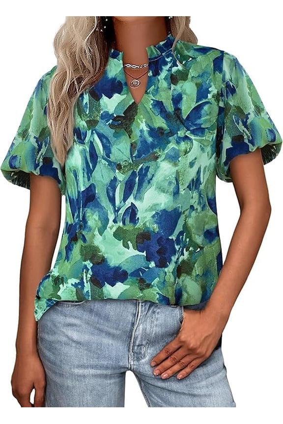 Boho Short Sleeve Floral Work Blouses for Women Dressy Casual V Neck Puff Sleeve Loose Chiffon Flowy Tops Shirts