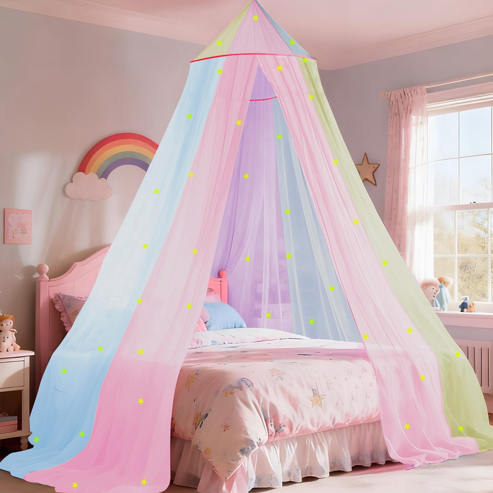 Rainbow Bed For With Glowing Stars  Colorful Princess Curtains Full And Queen Sizes Mosquito Netting Ceiling Tent Bedroom Decor