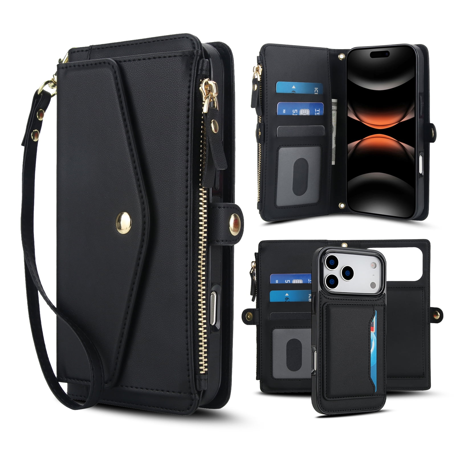 Poweltek Magnetic Crossbody Zipper Wallet Card Pocket Case for Samsung Galaxy S26 Ultra, Shockproof 2-in-1 Detachable Card Slots PU Leather RFID Blocking Wrist Strap Cover, Black