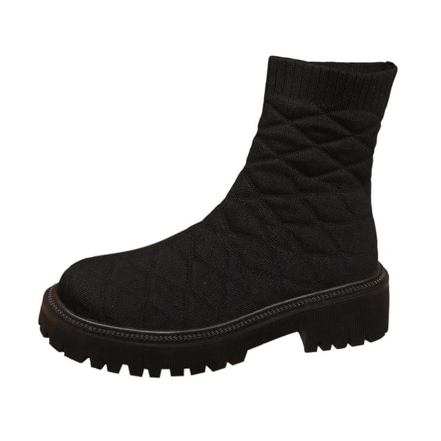 Bottes à Enfiler en Tricot Volant pour Femmes Noires, Talon Épais, Style Automne Hiver