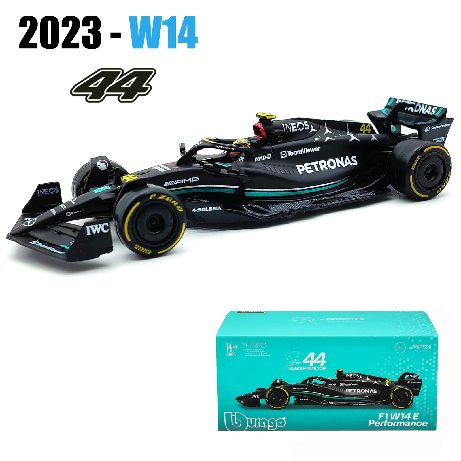 Bburago 1:43 Mercedes AMG 2023 W14 E Performance #44 Statique Simulation Moulé sous Pression Alliage Modèle F1 Course Formule Voiture Boîte Acrylique