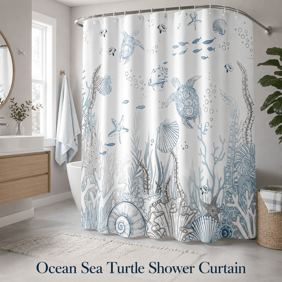 MORAVE Coastal Turtle Shower Curtain, Fish Coral Starfish Seashell Blue Ocean Beach Curtain, Waterproof Polyester 72x72 Inch with 12 Hooks