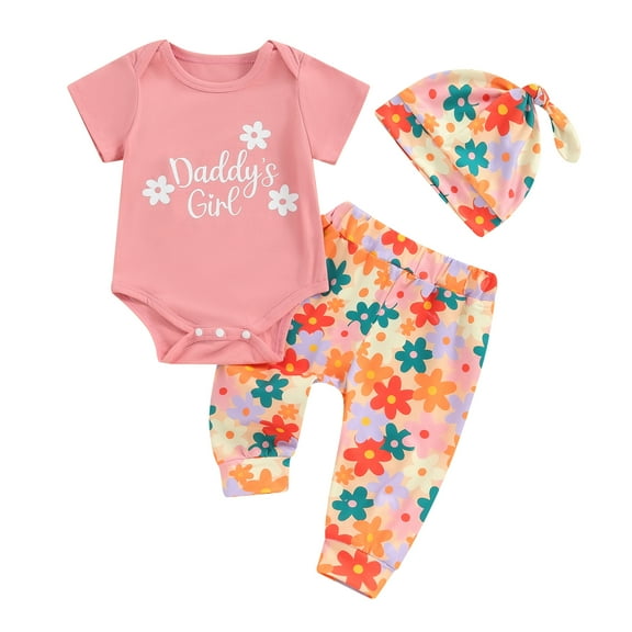 Bagilaanoe 3pcs Newborn Summer Outfits Baby Girl Pants Set Letter Short Sleeve Romper Tops   Floral Leggings   Hat 3M 6M 12M 18M Infant Casual Clothes
