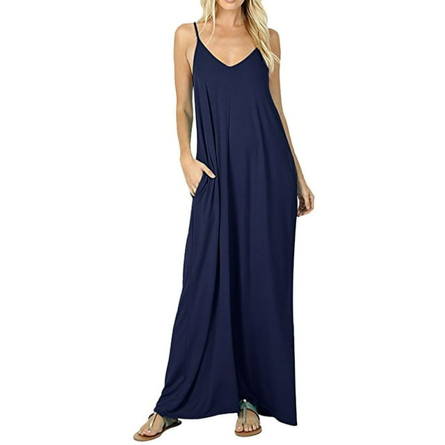 Robe d'Été Décontractée pour Femme à Bretelles, Col en V, Sans Manches, Fluide, avec Poches, Ample, Longue, Maxi, Robe de Plage, Robe Soleil
