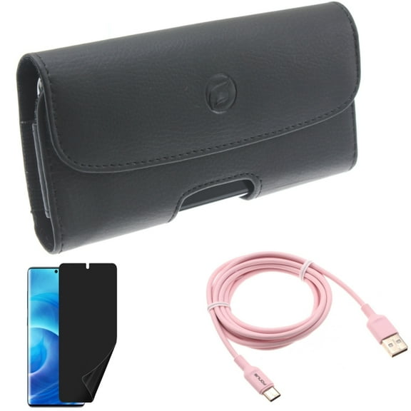 Privacy Screen Protector w Case Belt Clip w 6ft USB-C Cable for Samsung Galaxy S20 - TPU Film [NOT GLASS], Leather Holster, Pink Charger Cord A3B fits Samsung Galaxy S20 Model