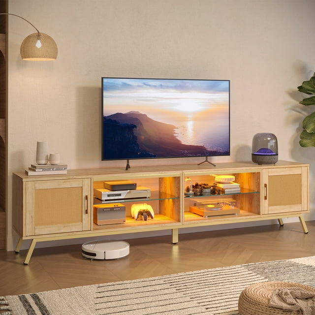Bestier 80" TV Stand with LED for TVs up to 85", Rattan Mid Century Modern Entertainment Center, Natual Oak