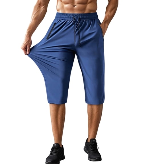 Glisme Mens Pants Straight Leg Capri Pants Solid Color Workout Gym Yoga Beach Shorts With Zipper Pockets Basic Bottoms Blue L