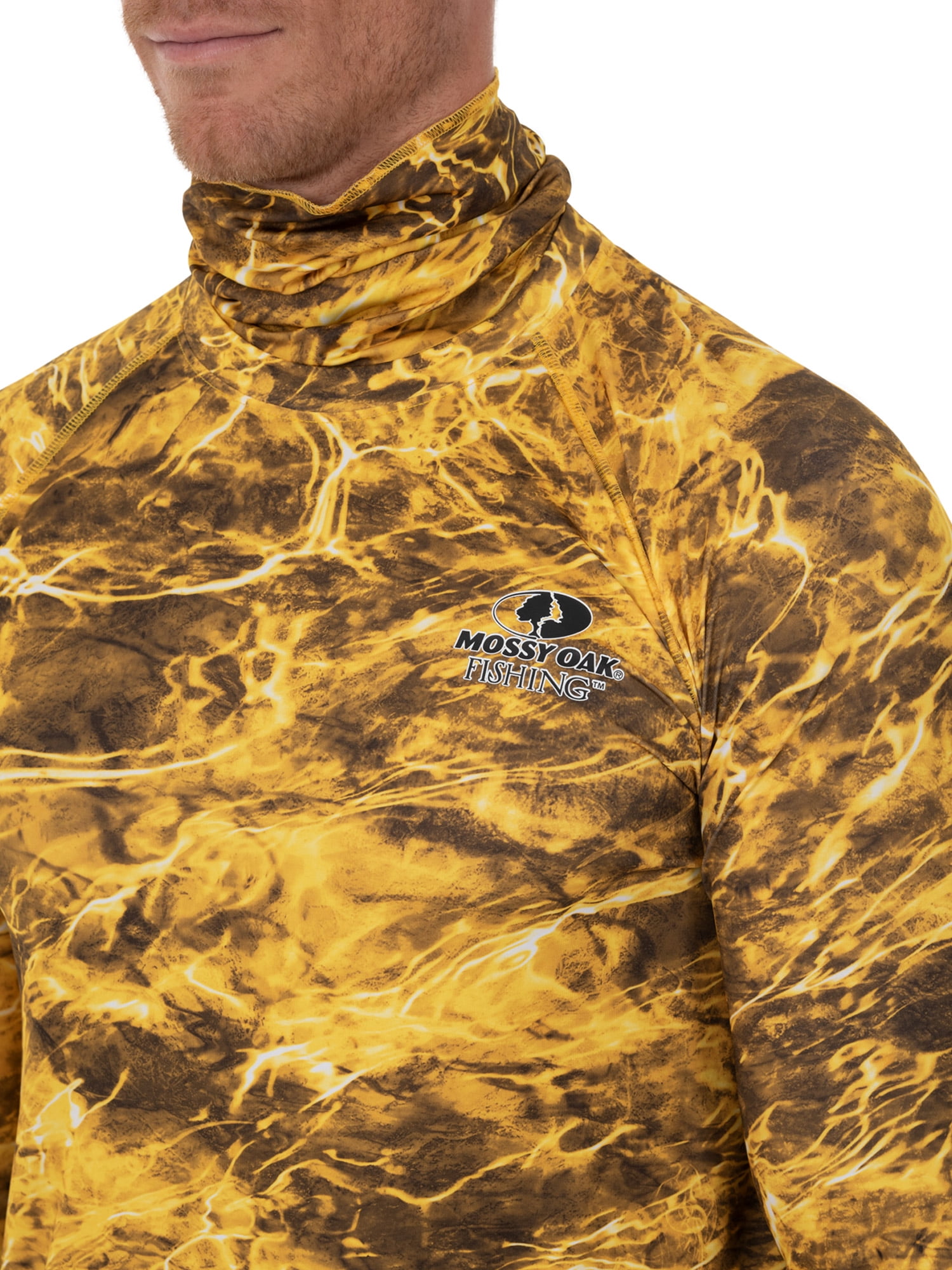 Mossy Oak Men's Insect Repellent Long Sleeve Performance Camo Fishing Tee with Gaiter, Size M-3XL
