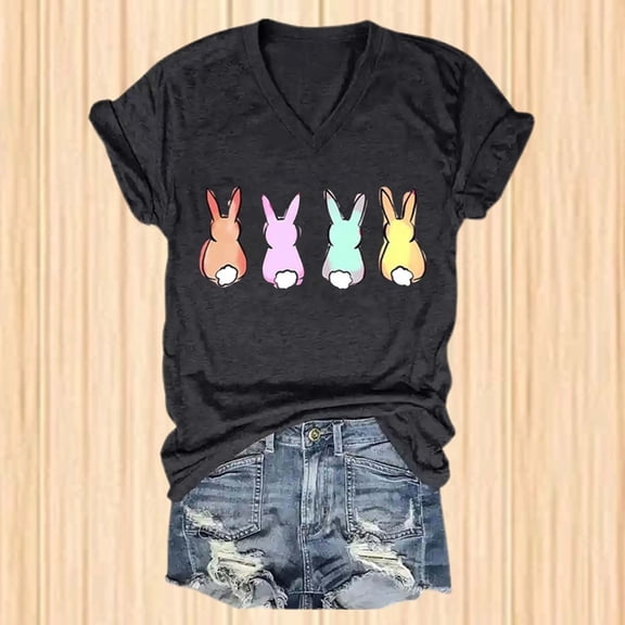 WNEGSTG Easter T Shirts for Women, Short Sleeve V Neck Bunny Print Graphic Tee, Women's Pastel Bunnies Print V Neck T Shirt, Black L