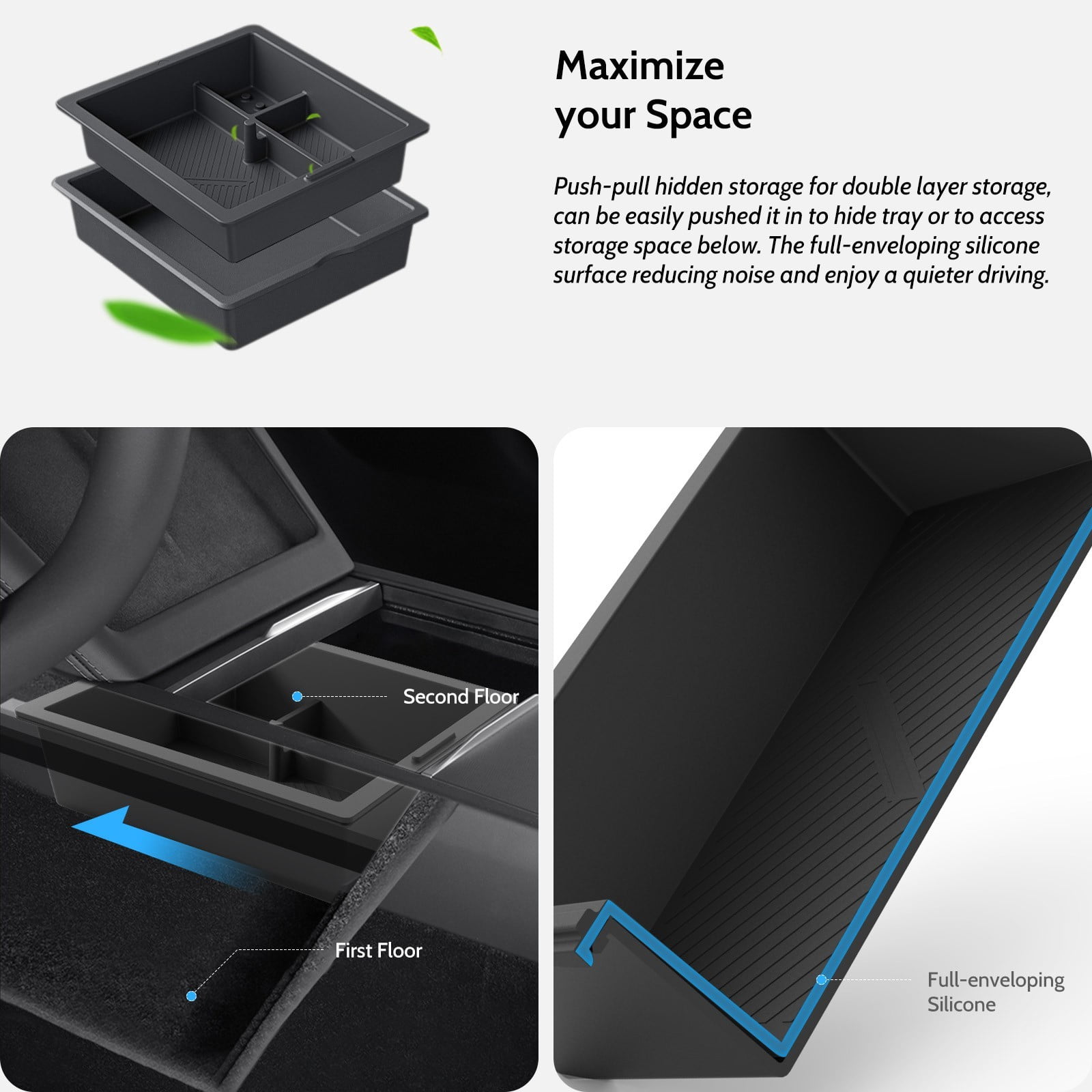MOWLICAS Food-Grade Silicone Center Console Organizer, Tesla New Model Y 2026/2025 (Juniper) & Model 3 2024-2026 (Highland) Accessories, Bigger Divider Design for Maximize Space (Black)
