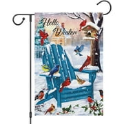 Hello Winter Garden Flag Chair Birds Garden Yard Flag 12x28 inch Double Sided Burlap Christmas Cardinal House Banner for Winter Christmas Seasonal Outside Outdoor Farmhouse Decoration