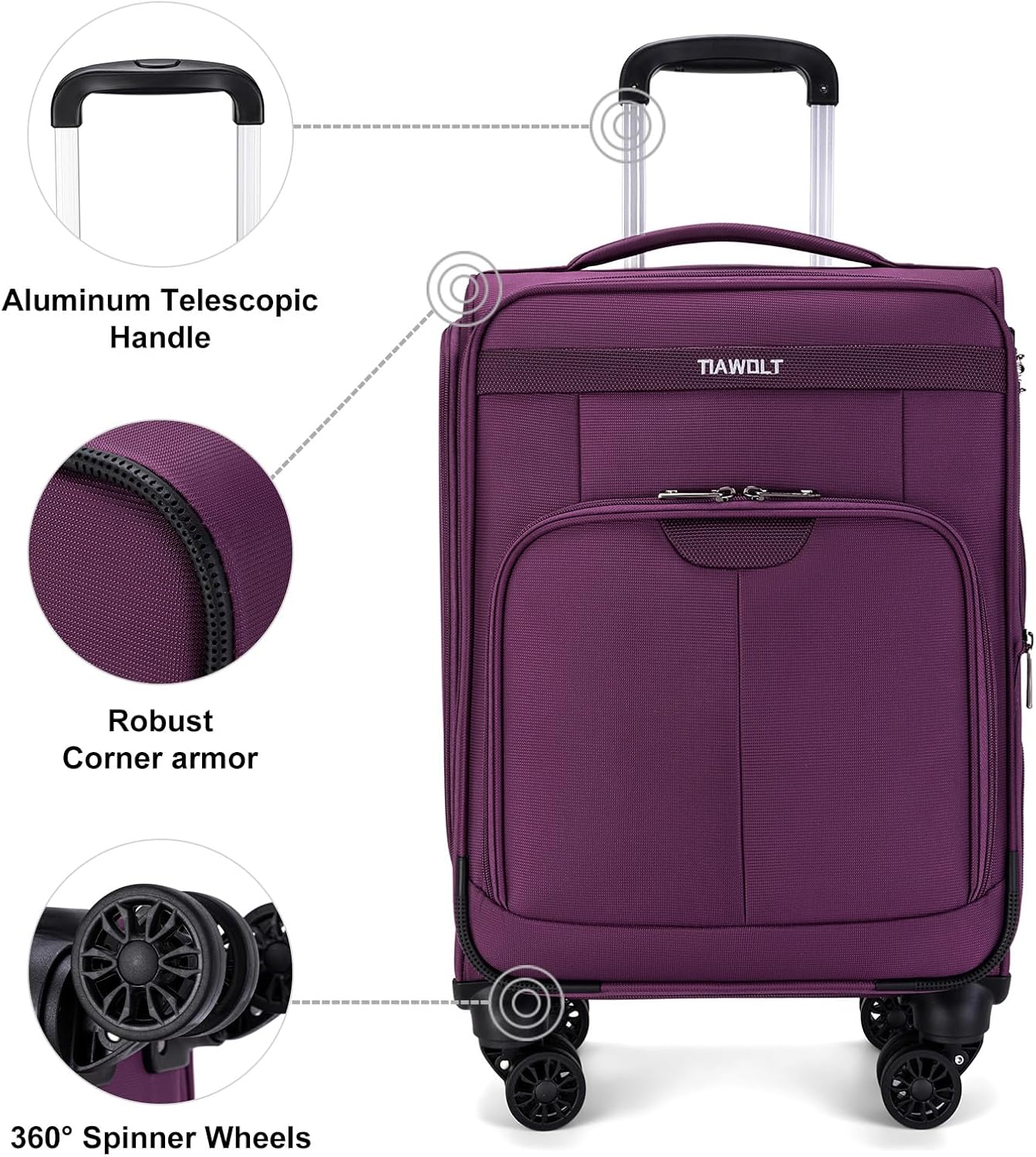 TIAWOLT Carry on Suitcase 22x14x9 Airline Approved,20 inch Lightweight Suitcases with 360° silent swivel wheels, TSA Lock and Compartment, Large Capacity travel Suitcase-Purple
