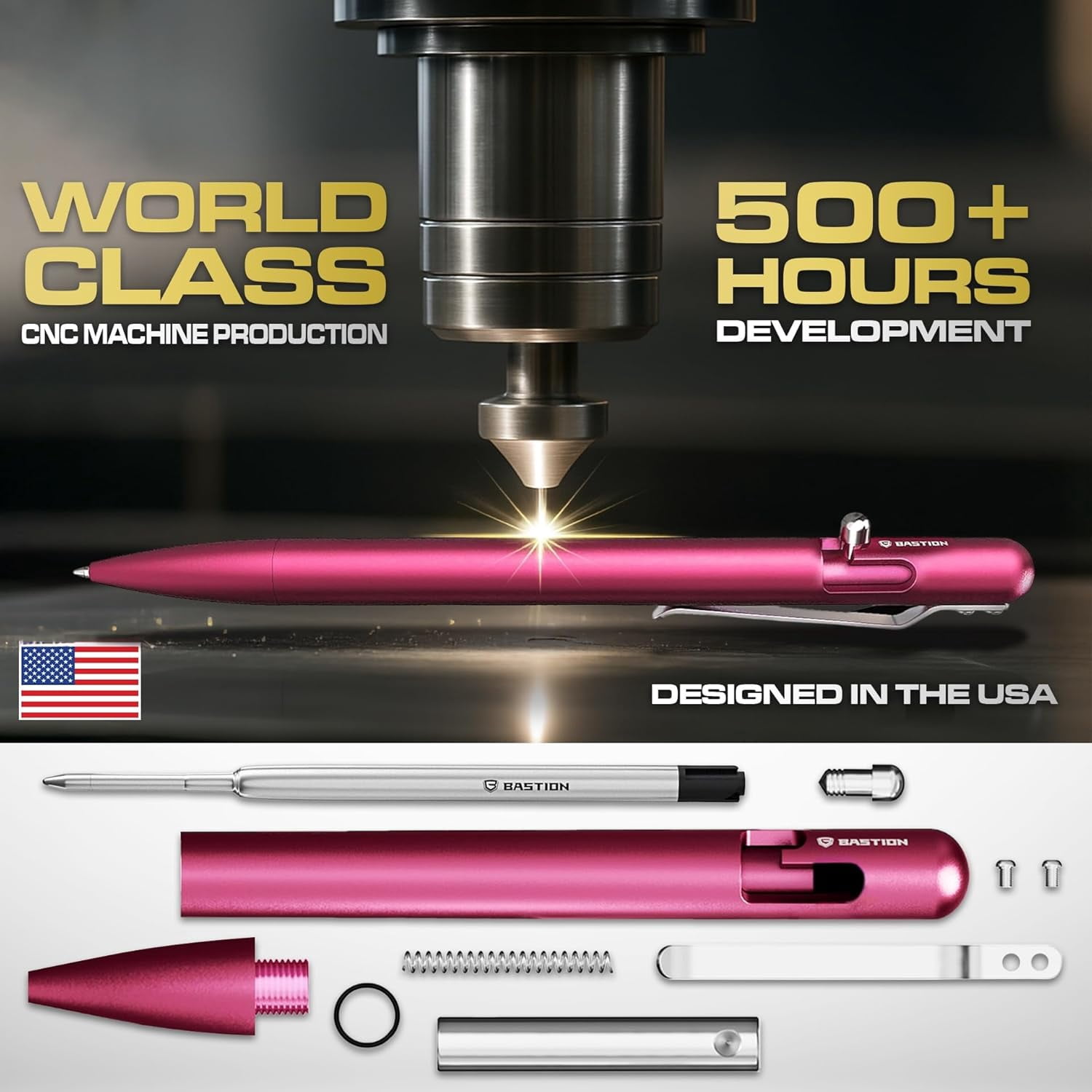 Bastion Aluminum Slim Bolt Action Pen, Pink, Ballpoint Refillable, 1 Count
