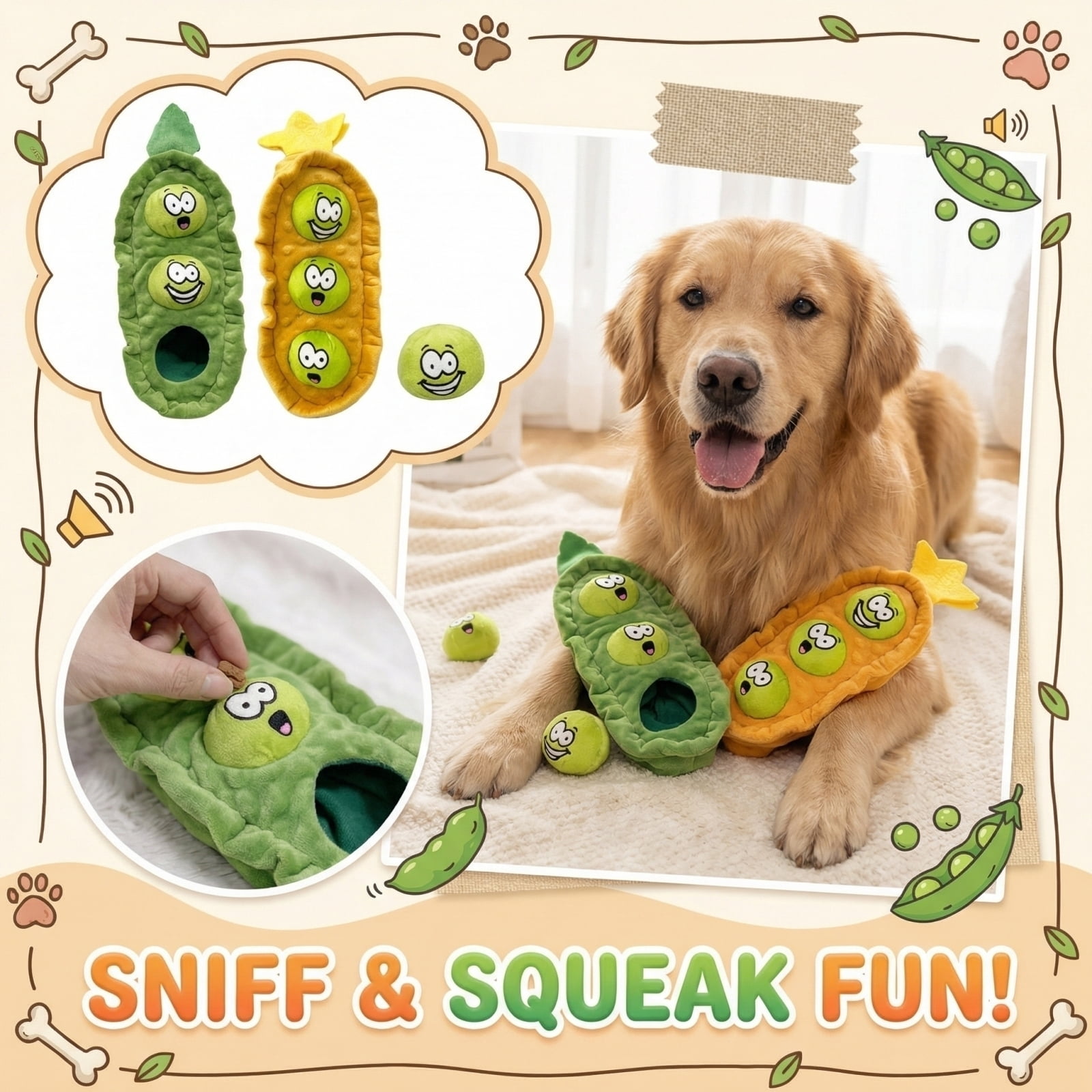 Interactive Squeaky Dog Plush Toy – Cute Plush Pea Pod with 3 Squeaky Balls and Crinkle, Puzzle Toy for Puppies and Gentle Chewers