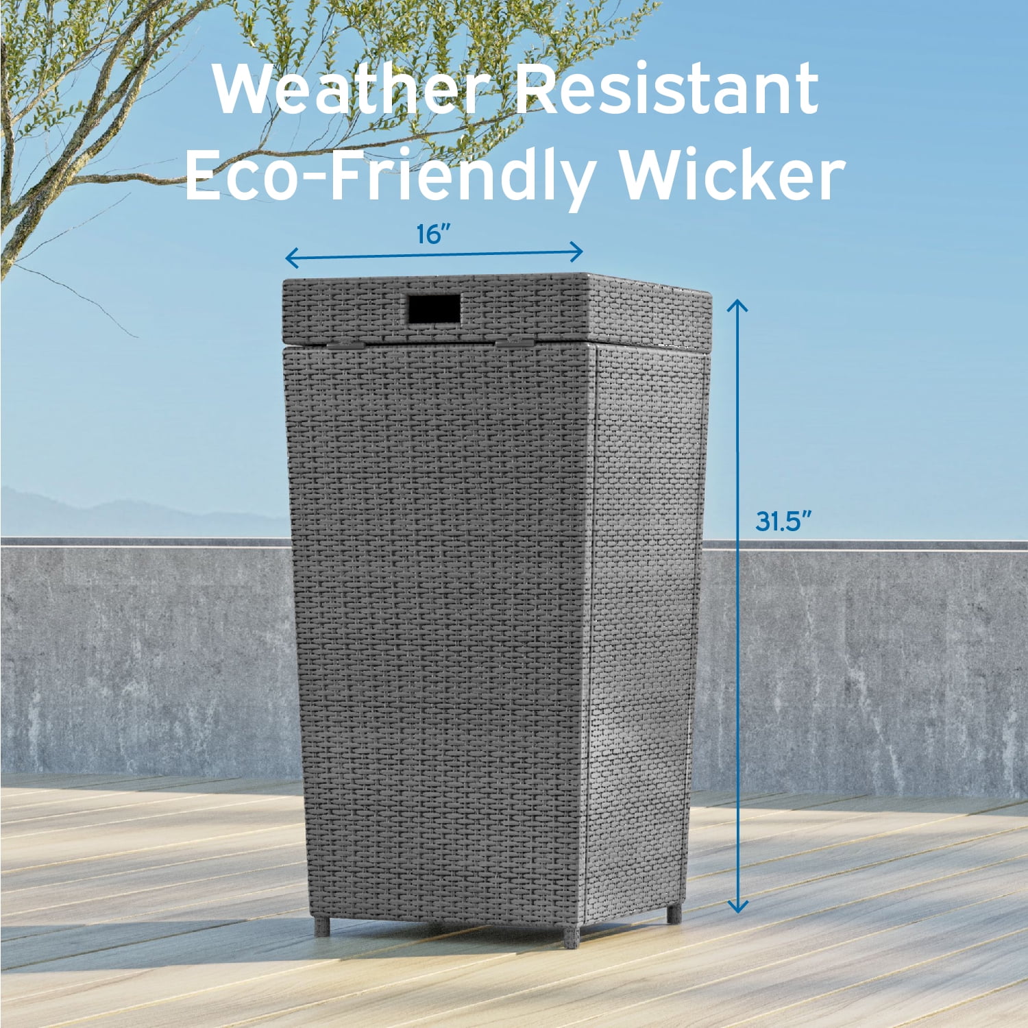 Hearth & Harbor 35 Gallon Outdoor Trash Can with Lid, Hideaway Wicker Rattan Garbage Can, Gray