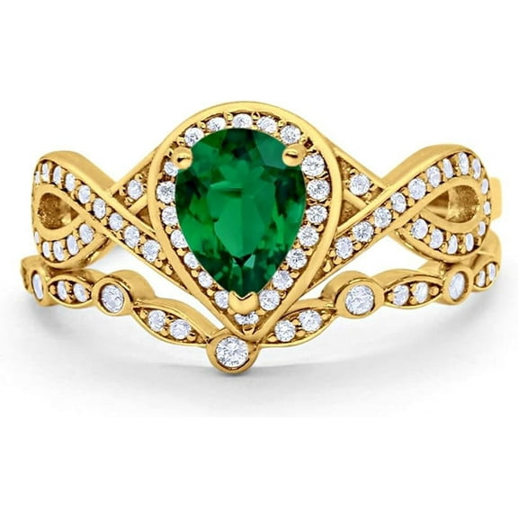 beryl_creation 14K Yellow Gold Plated 925 Sterling Silver 2.50 Ct Pear Cut Green Emerald Wedding Engagement Thanksgiving Christmas Bridal Ring Set For Women's -5.5