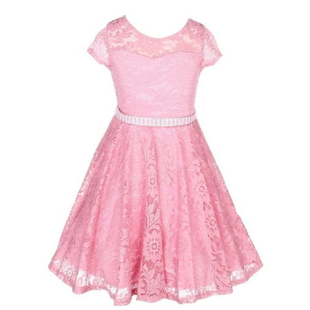 Girls Dusty Rose Lace Stone Adorned Belt Special Occasion Skater (Best Dusty Rose Blush)