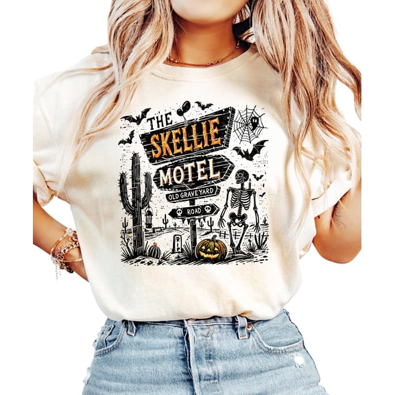 The Skellie Motel Halloween Shirt for Men & Women Unisex Spooky Skeleton Graphic Tee Ivory Shirt Adult Medium