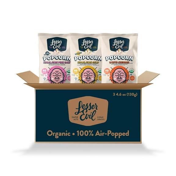 LesserEvil Organic Popcorn Variety Pack, MDA05 Himalayan Pink Salt (4.6 oz Bag), Himalayan Gold (4.6 oz Bag), and White Cheddar Flavor (4.6oz Bag)