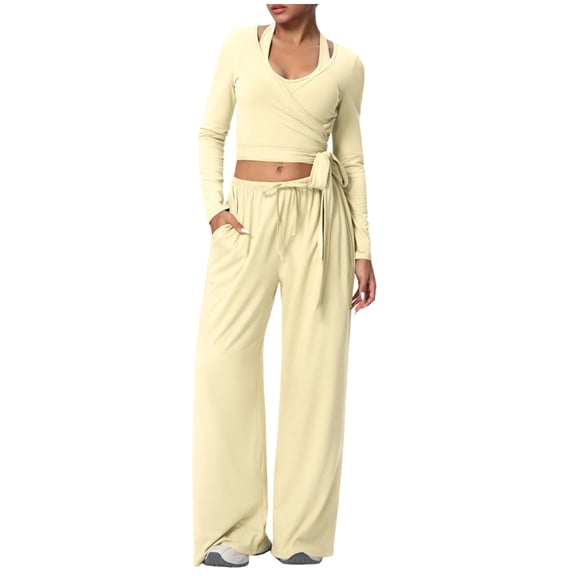 Hxshgdsn 2 Piece Womens Matching Yoga Set Long Sleeve Side Tie Top Wide Leg Drawstring Pants Sets with Pockets（Yellow/XL）