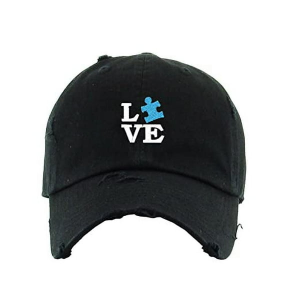 Love Autism Puzzle Vintage Baseball Cap Embroidered Cotton Adjustable Distressed Dad Hat Black
