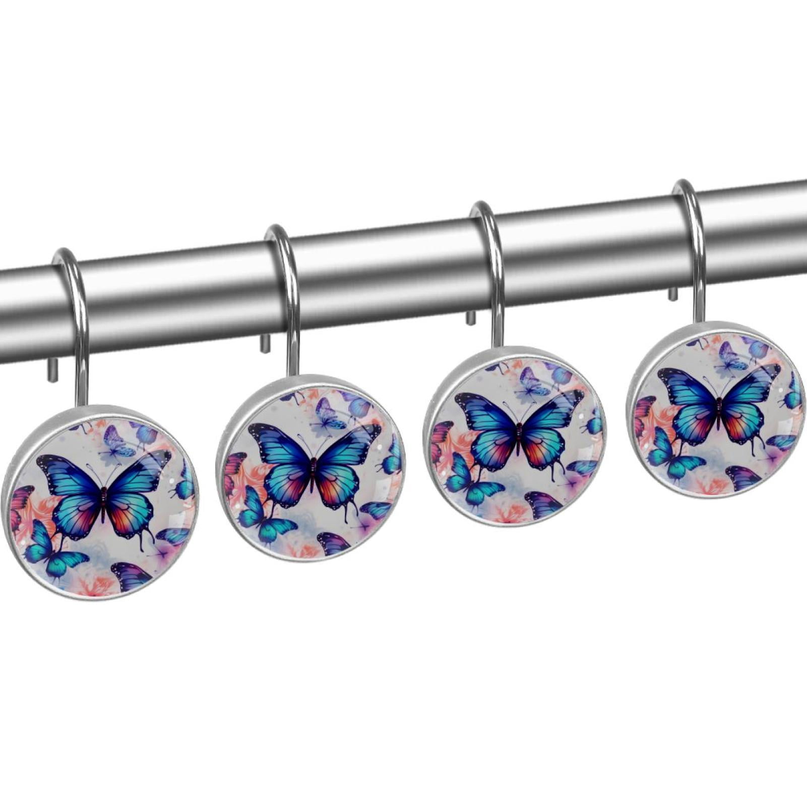 Butterfly Shower Curtain Hooks （Set of 12） for Home Hotel Shower Rods Bathroom Crystal Glass Print Stainless Steel Round Curtain Hooks