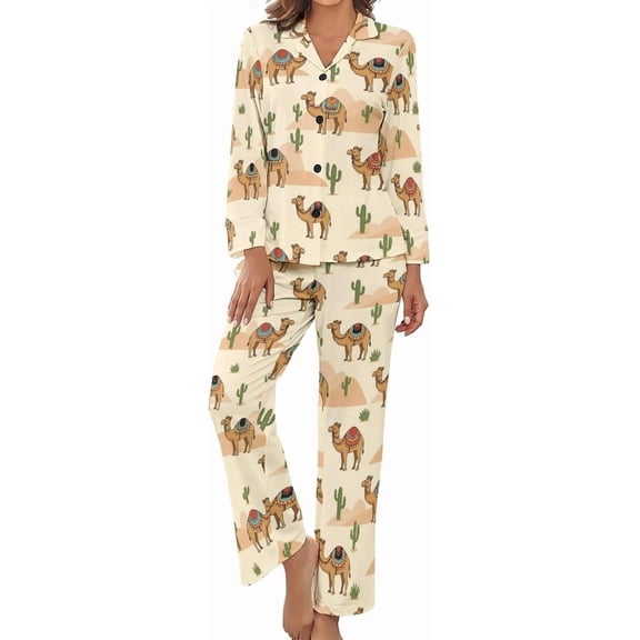 Top-kevin Women Long Sleeve Pajama Set Comfy Pjs Sets Camel Desert Cactus 2 Piece Lounge Set