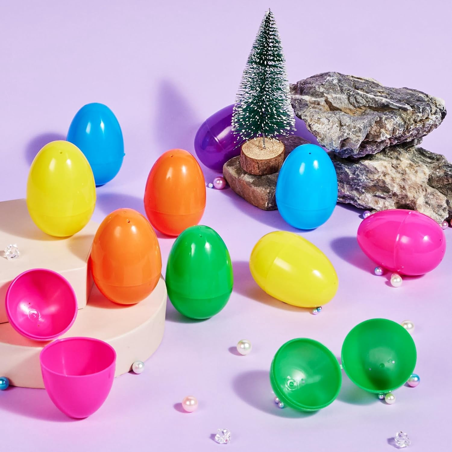 ANHXN  Easter Eggs, Fillable Plastic Eggs Empty Colorful Bright Eggshells with Hinge for Easter Hunt,Party Favor, Basket Stuffers, Classroom Prize Supplies.Different quantities to choose from