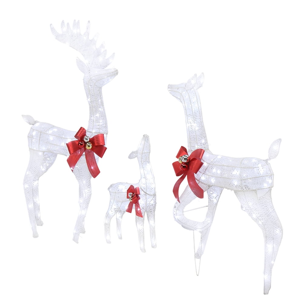 3Pcs Family Elk White Iron Frame Cotton Thread Green Onion Powder Courtyard Elk Decoration, 54*20*122cm 30.00V 3.60W