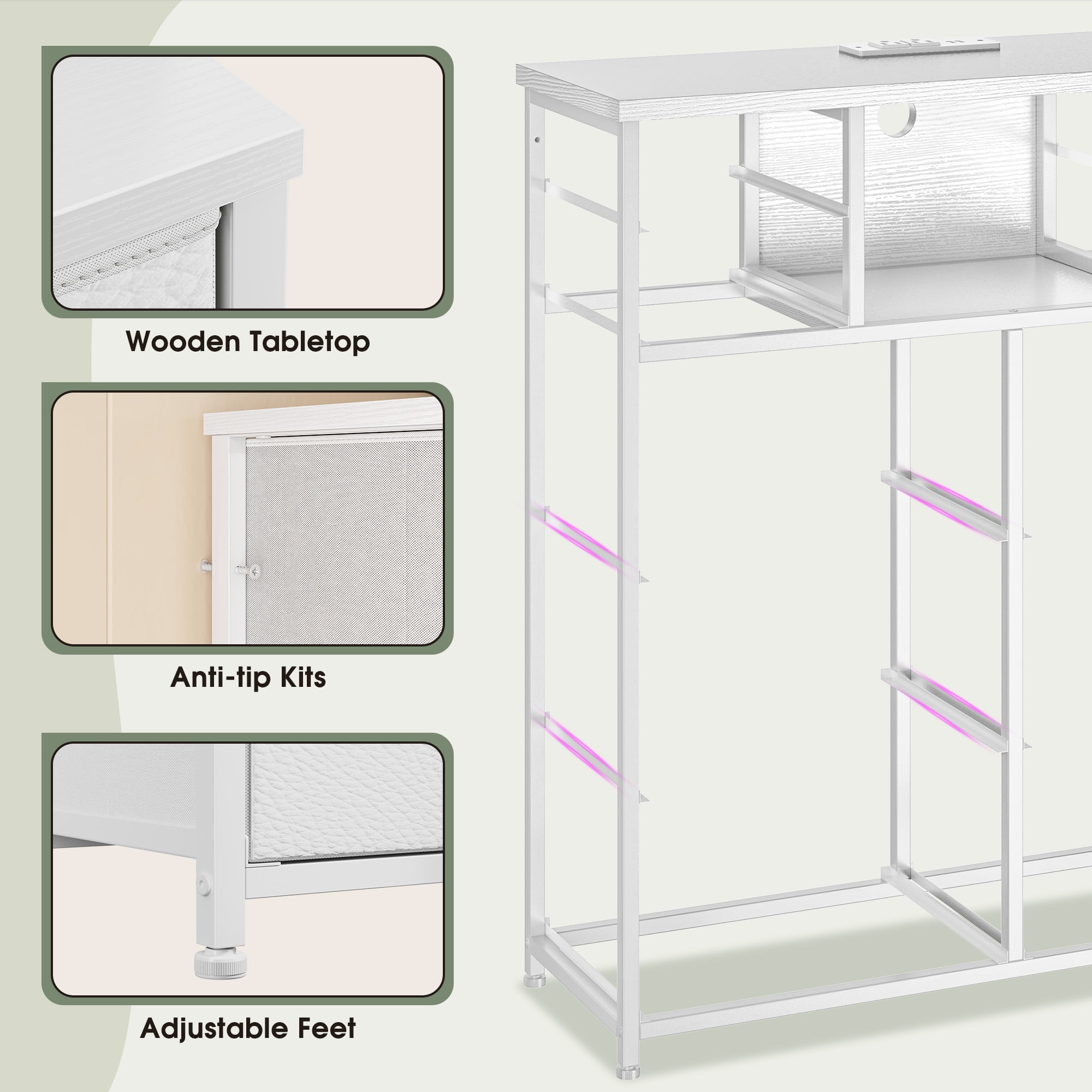 Romorgniz Tall Dresser for Bedroom with 10 Drawers Featuring LED Lights & Power Outlet Fabric Dressers & Chest of Drawers with Open Shelves, White