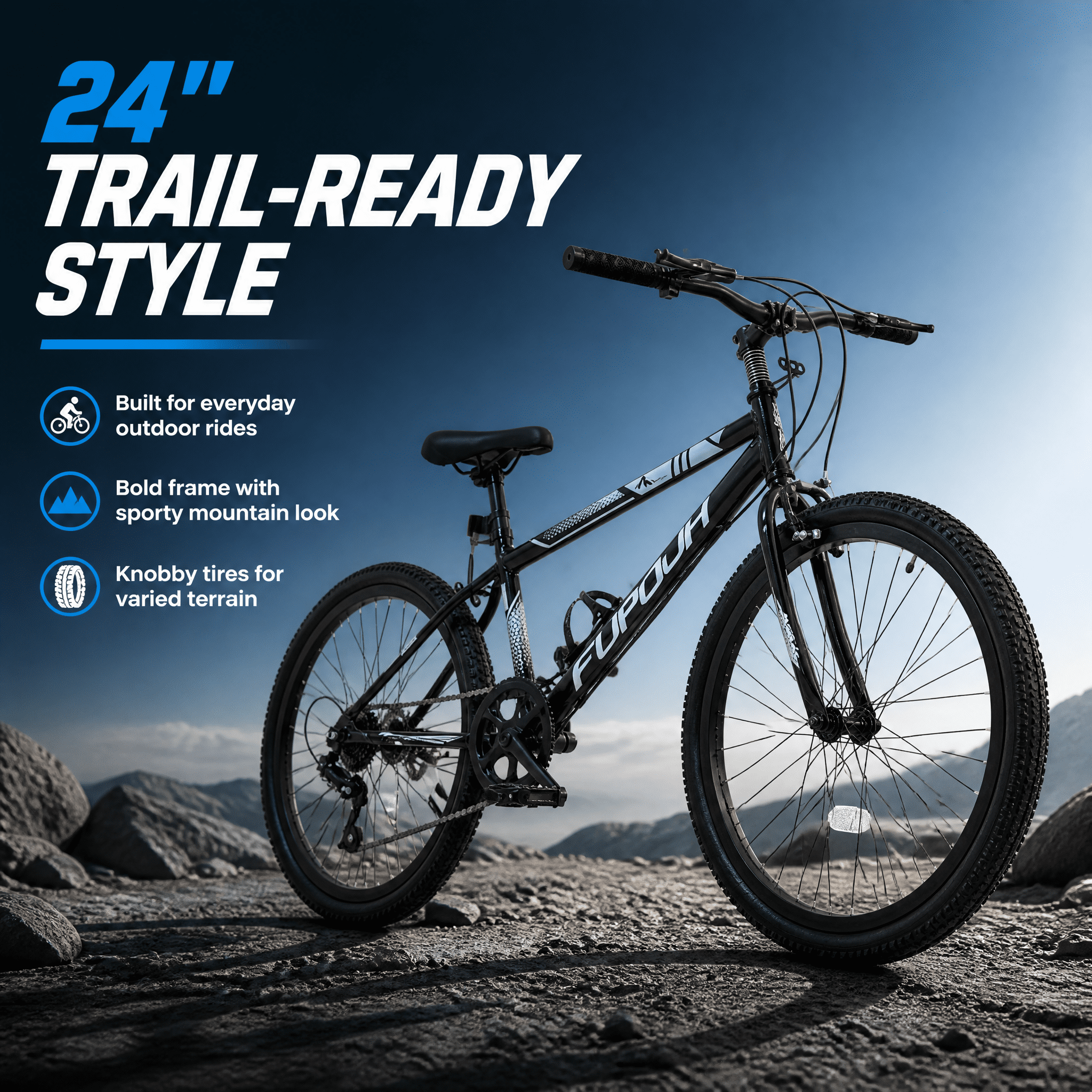 FUPOJH 24" Mountain Bikes for Men, Women & Boys, 7-Speed, V-Brakes, off-Road Tires,Black