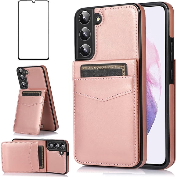 REQO Phone Case for Samsung Galaxy S22 Plus /S22+ with Tempered Glass Screen Protector and Credit Card Holder Wallet Cover Stand Leather Cell Accessories Glaxay S22Plus Cases Women Men Rose Gold