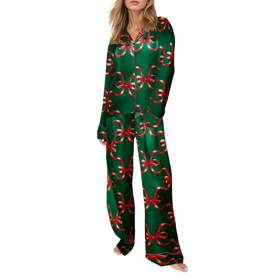Michellecmm Women Christmas Pajamas Set 2 Pieces Loungewear Suits Bow/Santa/Tree Print Long Sleeve Shirts Tops and Pants Sleepwear Outfits