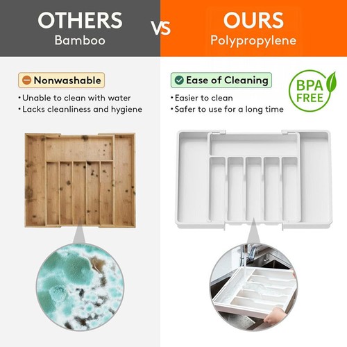 Colourtree White Utensil Organizer for Kitchen Drawers, Expandable Cooking Utensil Tray, Adjustable Cutlery Silverware Flatware Holder, Plastic Kitchen Spatula Tools and Gadgets Storage Divider