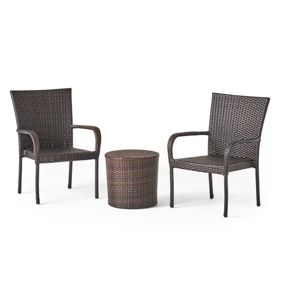 GDF Studio Marsala Outdoor Brown Wicker 3 Piece Stacking Arm Chair Chat Set