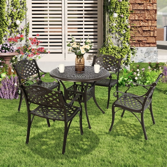 PULUOMIS 5 Piece Patio Bistro Set，Cast Aluminum Antique Copper Outdoor Furniture Round Bar Height Dining Table and Swivel Chairs for Garden, Porch (4 Chair 35" Table)