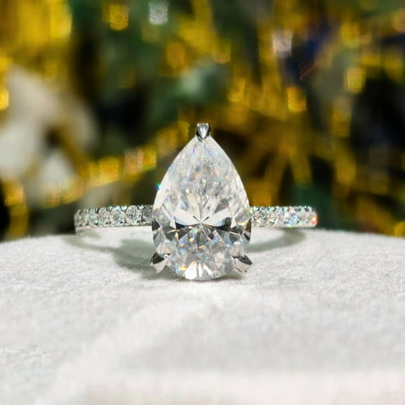 solitaire jewels 3CT Pear Moissanite Hidden Halo Engagement Ring For Women, 14K Yellow Gold