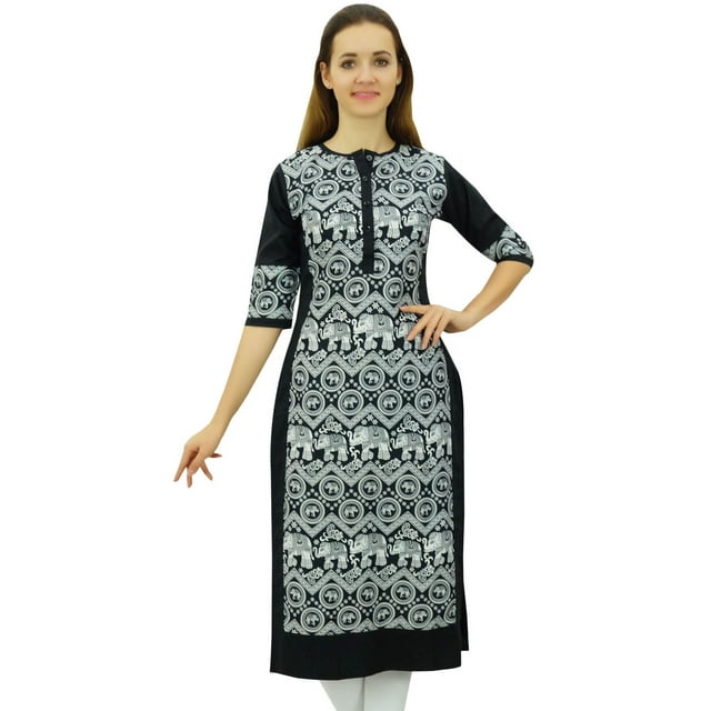 Phagun Kurta Droite Noire de Designer pour Femme, Manches 3/4, Kurti Décontractée Imprimée-8