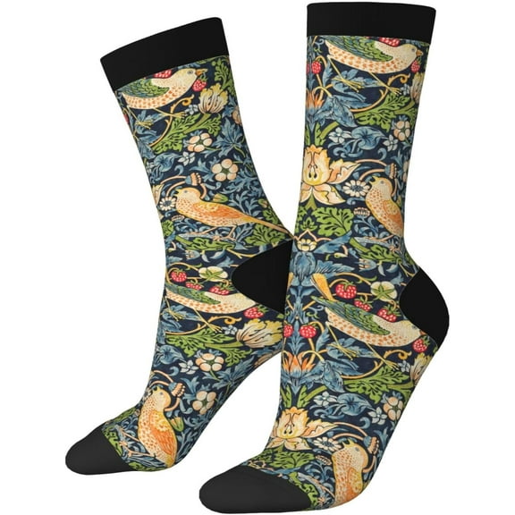 William Morris Strawberry Thief Floral Crew Socks For Men/Women Gifts,Unisex Novelty Casual Dress Socks 3 Black