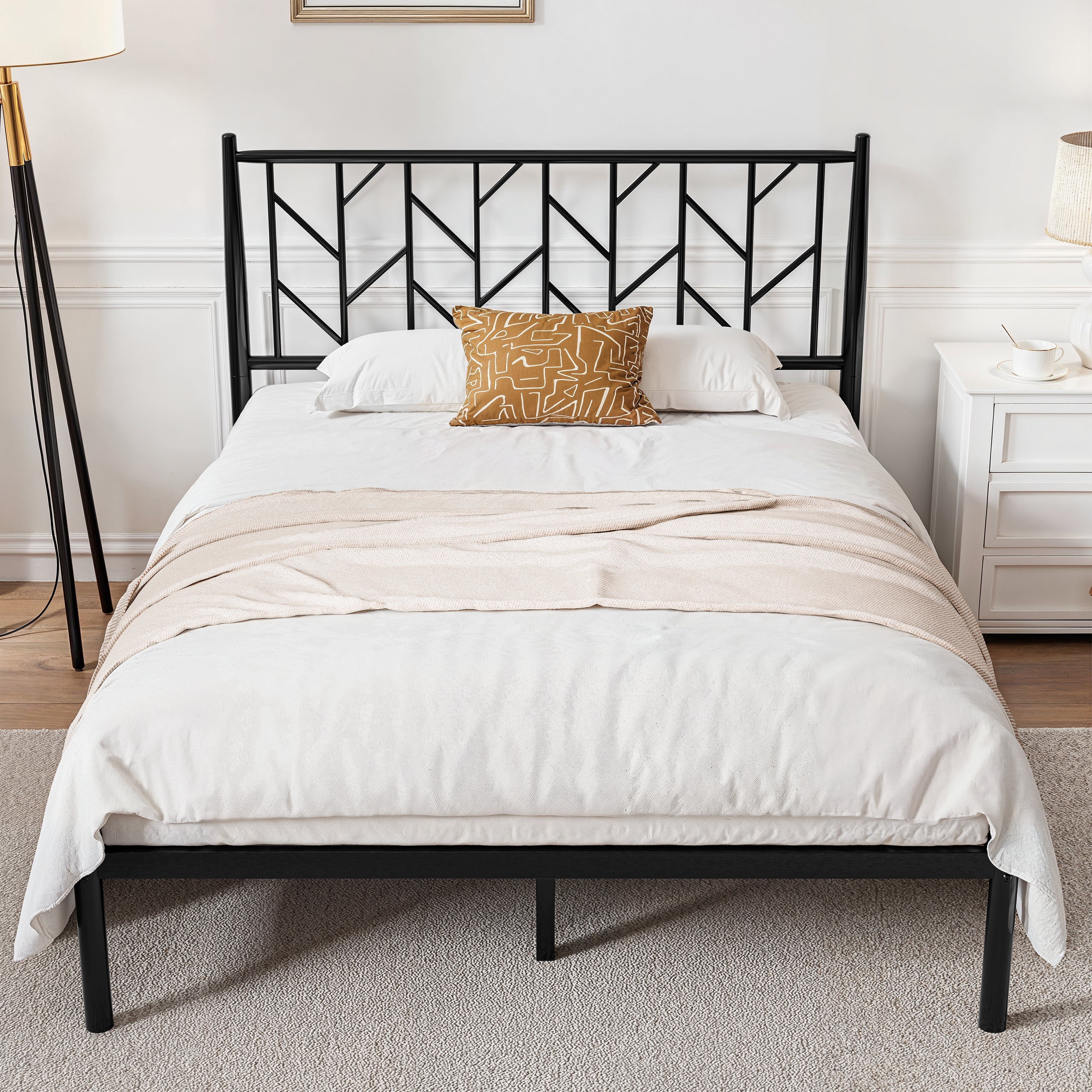 Sha Cerlin Black Full Size Metal Platform Bed Frame with Victorian Vintage Headboard & Underbed Storage, Adult