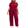 thumbnail image 3 of Women's 2 Piece Pants Set Plus Size Summer Lounge Outfits Short Sleeve Crewneck Tops and Wide Leg Sweatpants (6XL, Red), 3 of 8
