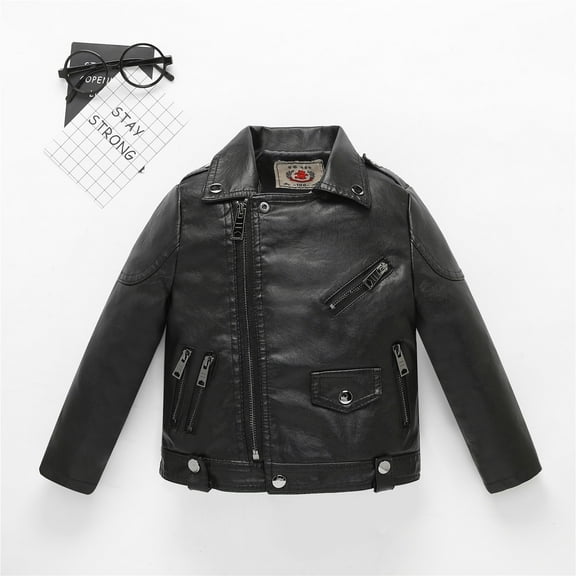 LFEOOST Children Faux Leather Motorcycle Jacket Kids Zipper Fleece Leather Coats Black 110